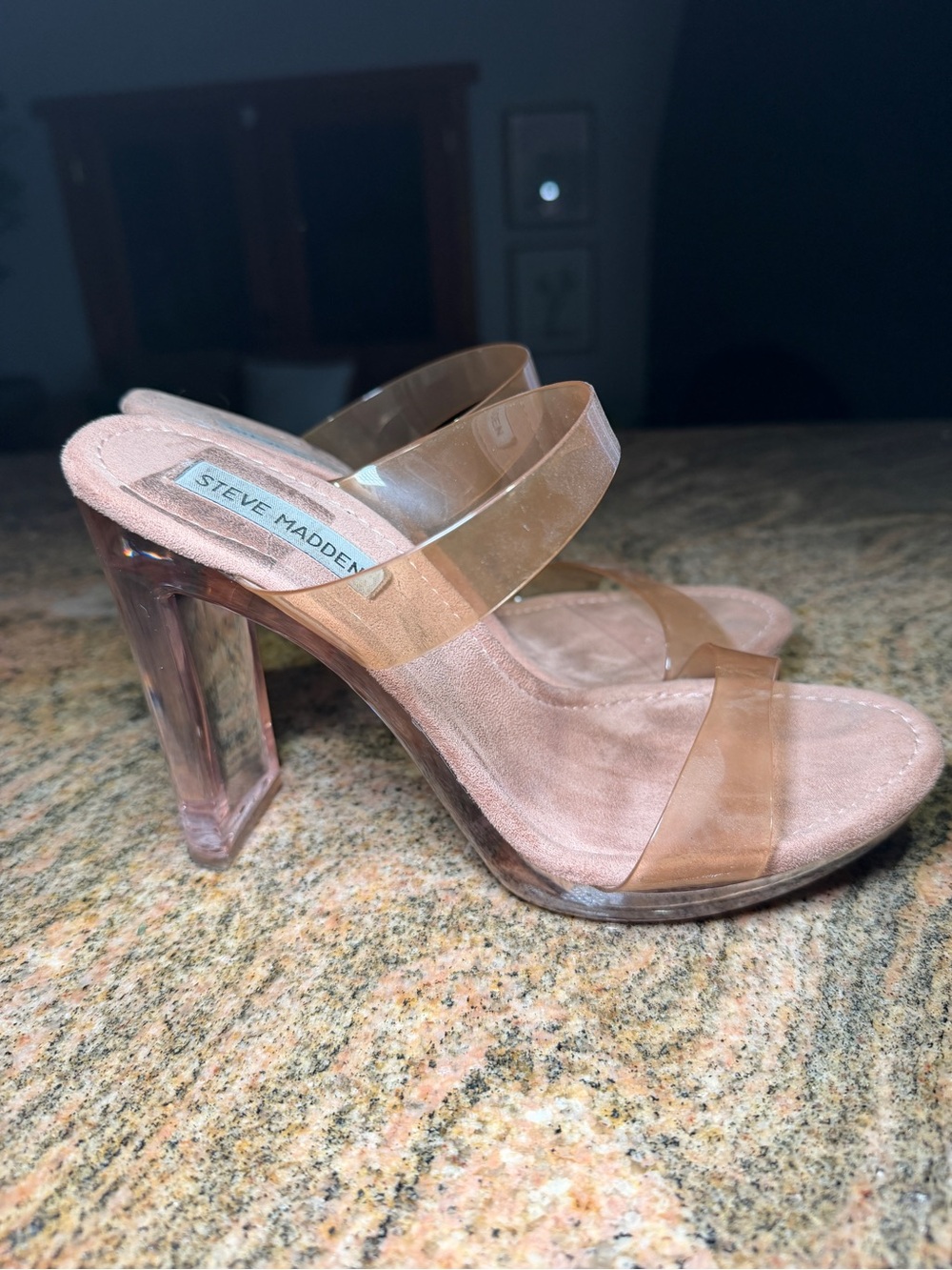 Steve Madden Nude Clear Strap Lucite Block Heel Slides